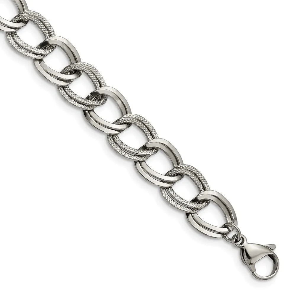 11mm Stainless Steel Fancy Double Curb Chain Bracelet, 8 Inch