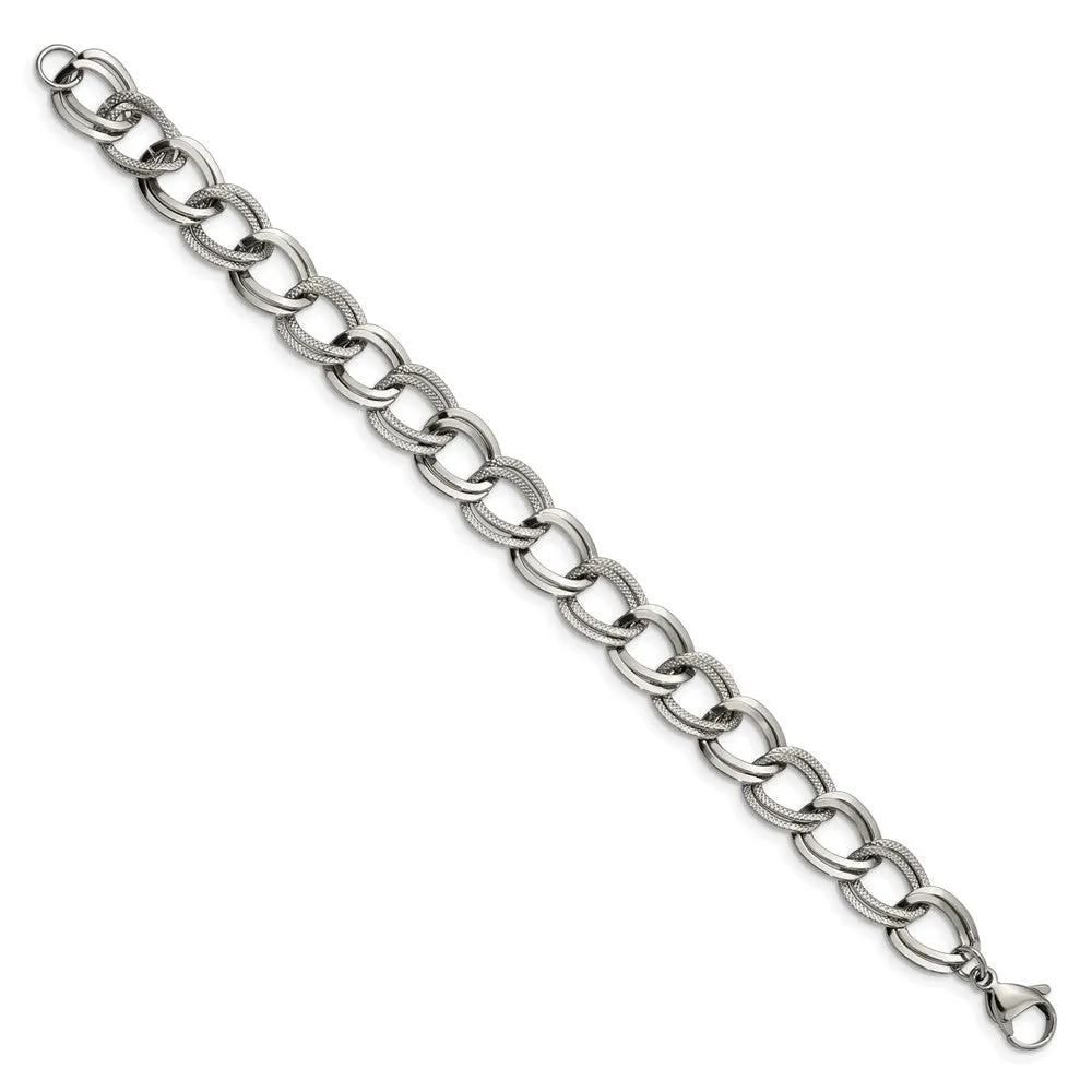 11mm Stainless Steel Fancy Double Curb Chain Bracelet, 8 Inch