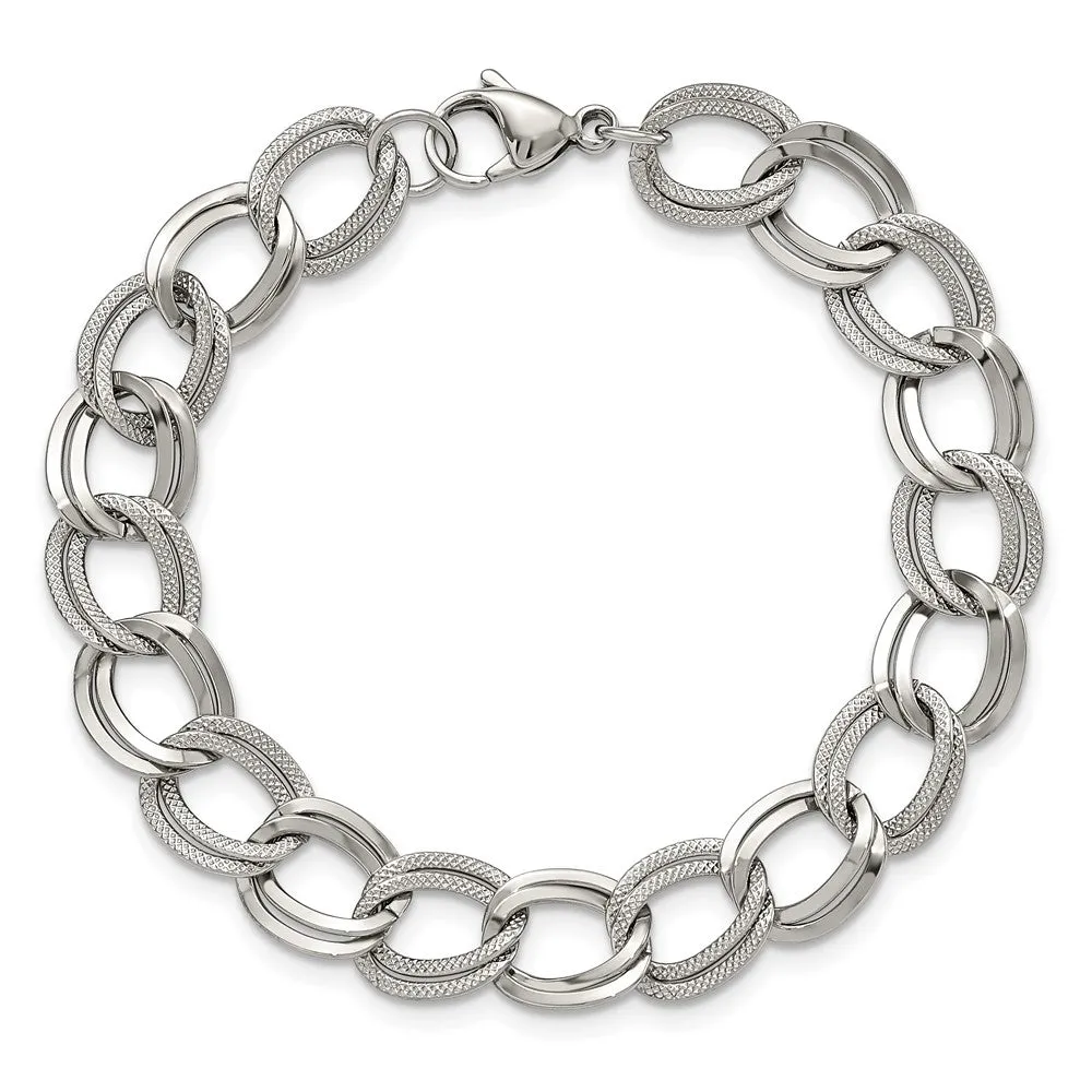 11mm Stainless Steel Fancy Double Curb Chain Bracelet, 8 Inch