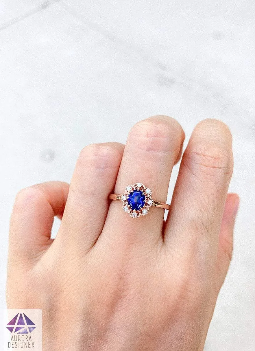 1.25ct Cornflower Blue Sapphire with Diamond Halo Engagement Ring 14K Rose Gold AD1877-4