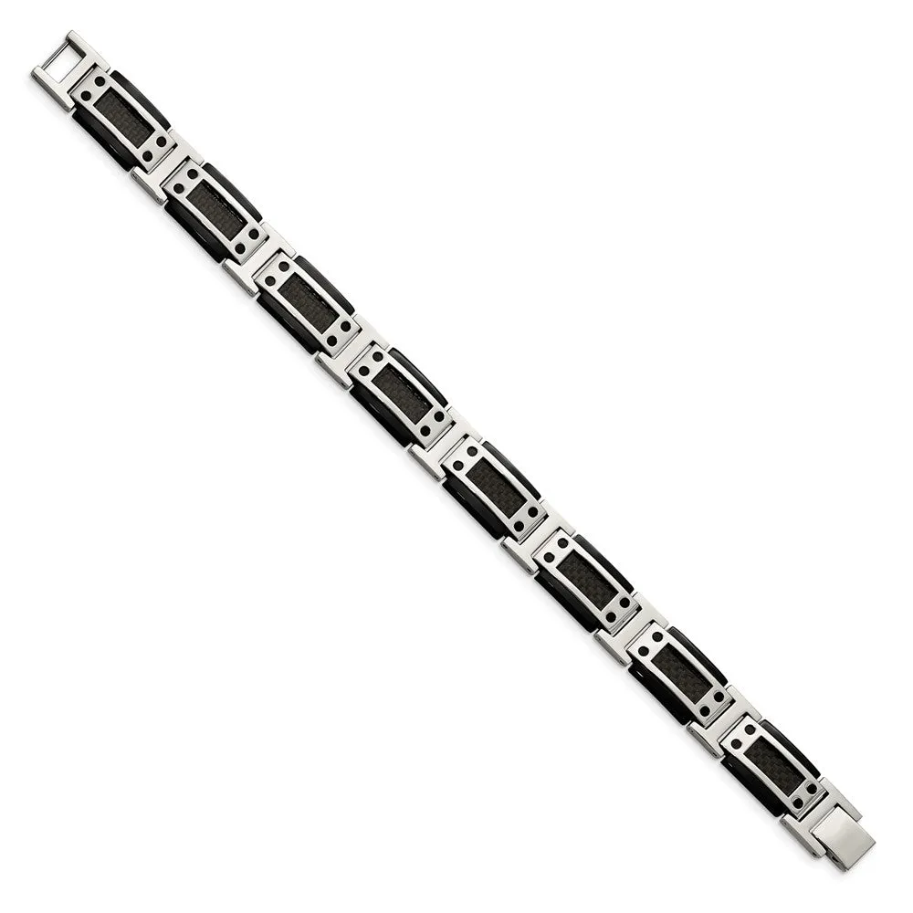 12mm Stainless Steel Black Plated Carbon Fiber Link Bracelet, 8.5 Inch