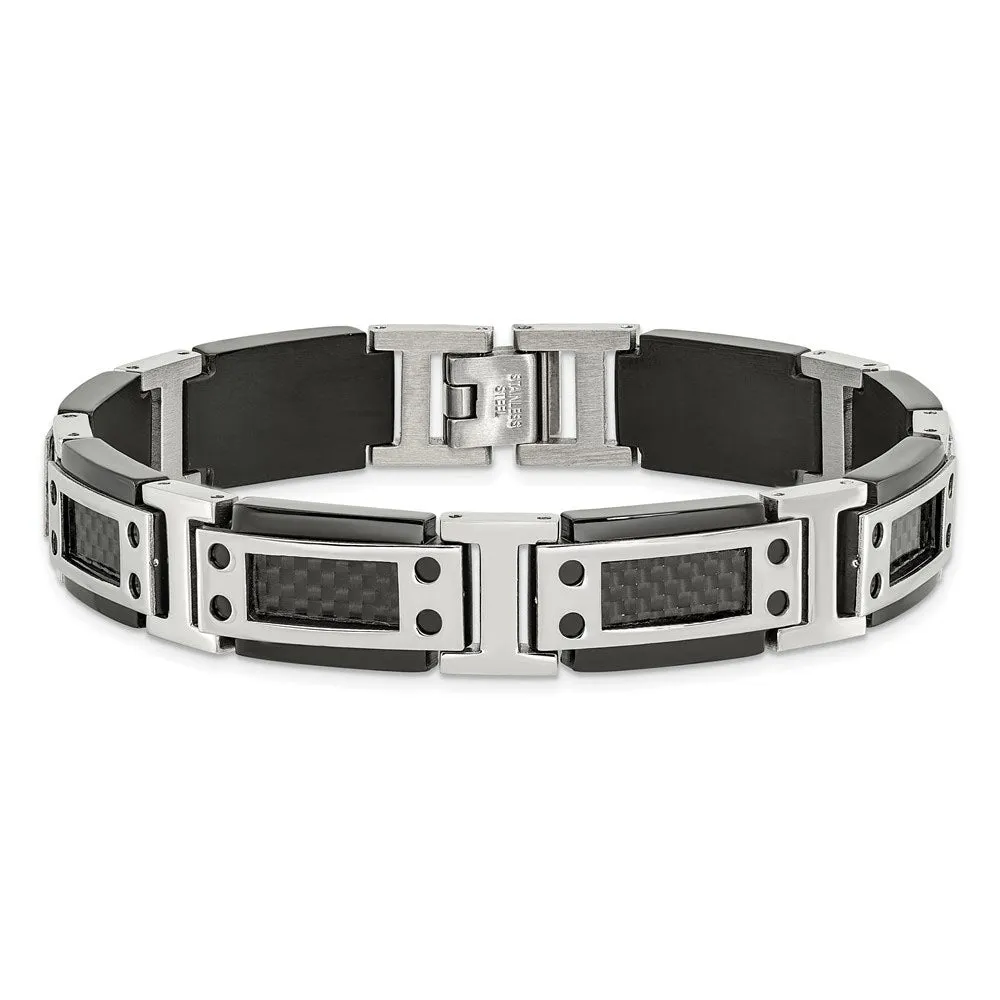 12mm Stainless Steel Black Plated Carbon Fiber Link Bracelet, 8.5 Inch