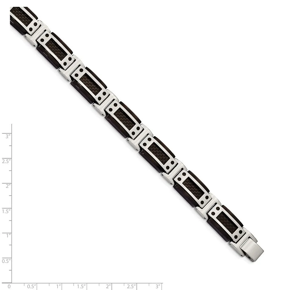 12mm Stainless Steel Black Plated Carbon Fiber Link Bracelet, 8.5 Inch