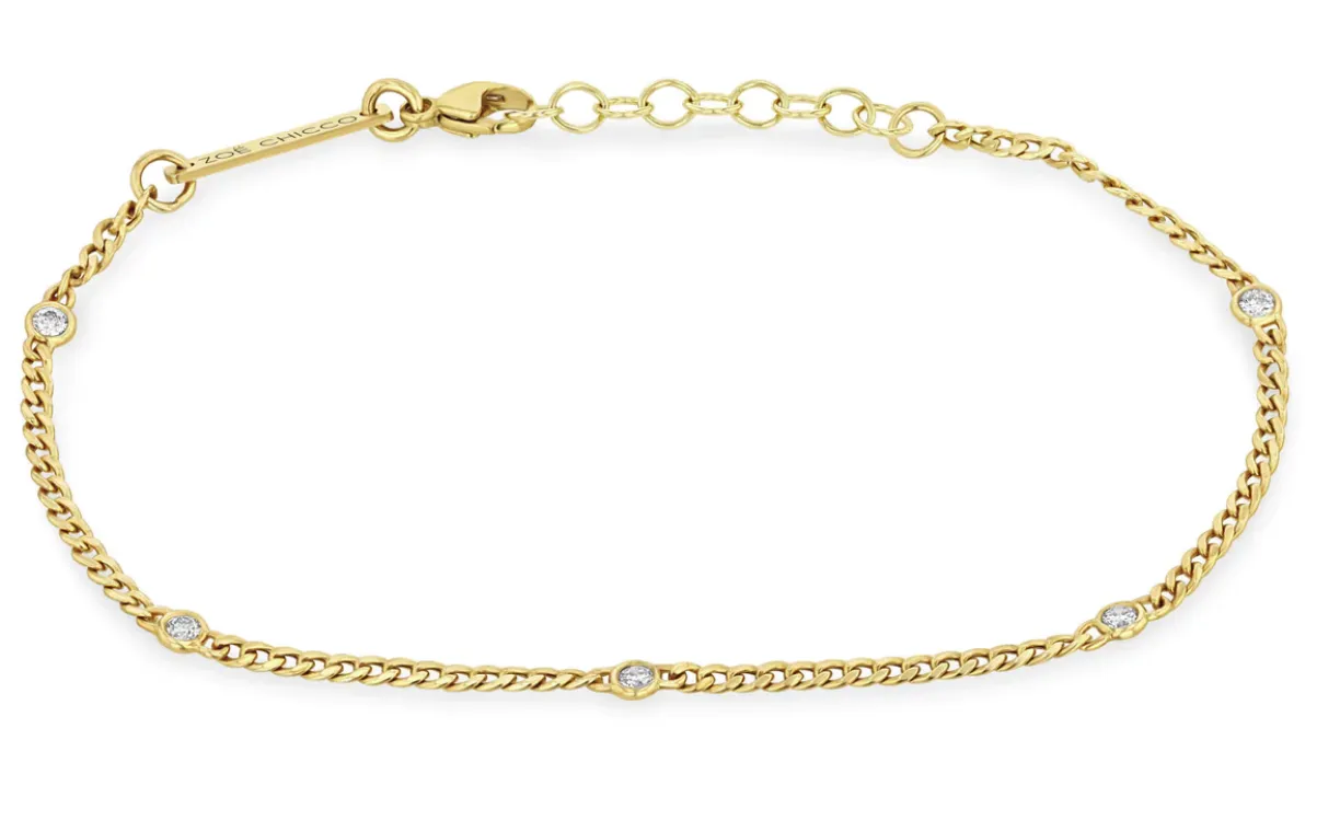 14K EXTRA SMALL CURB CHAIN BRACELET WITH 5 FLOATING DIAMONDS