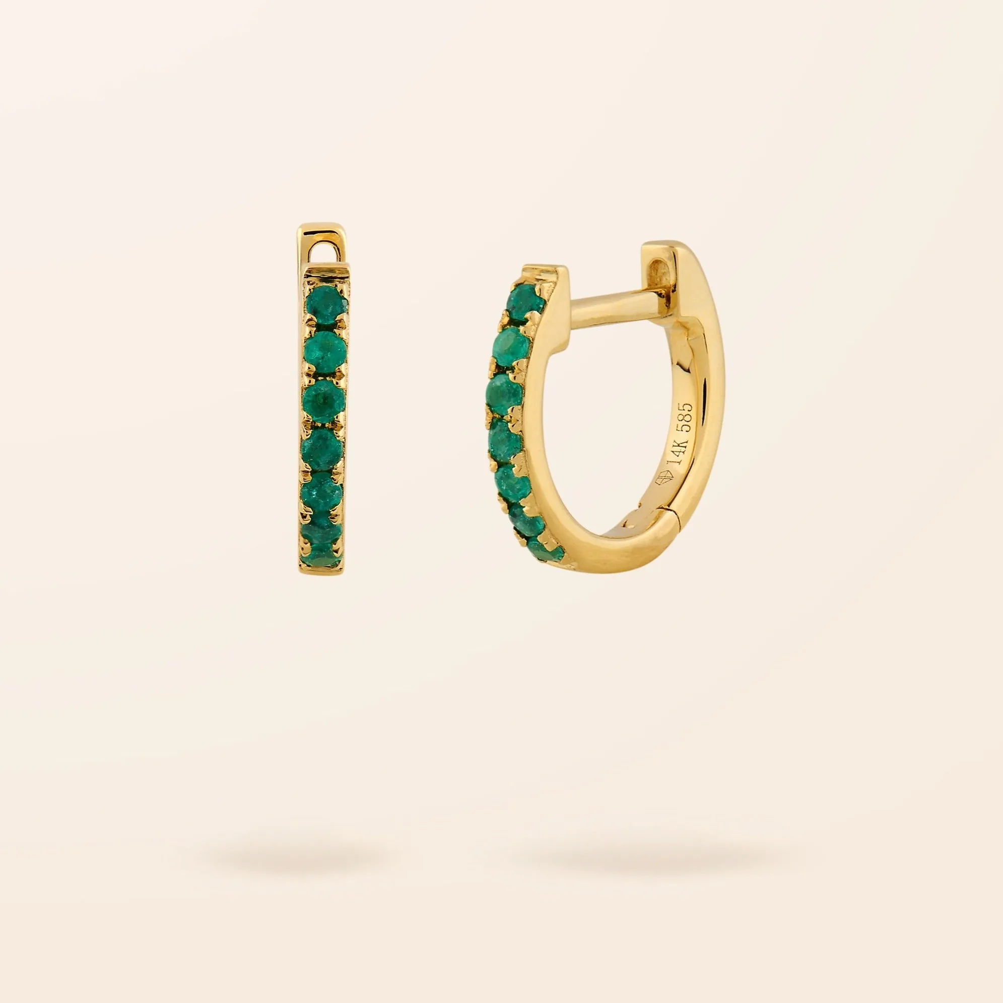 14K Gold Emerald Huggie Earrings