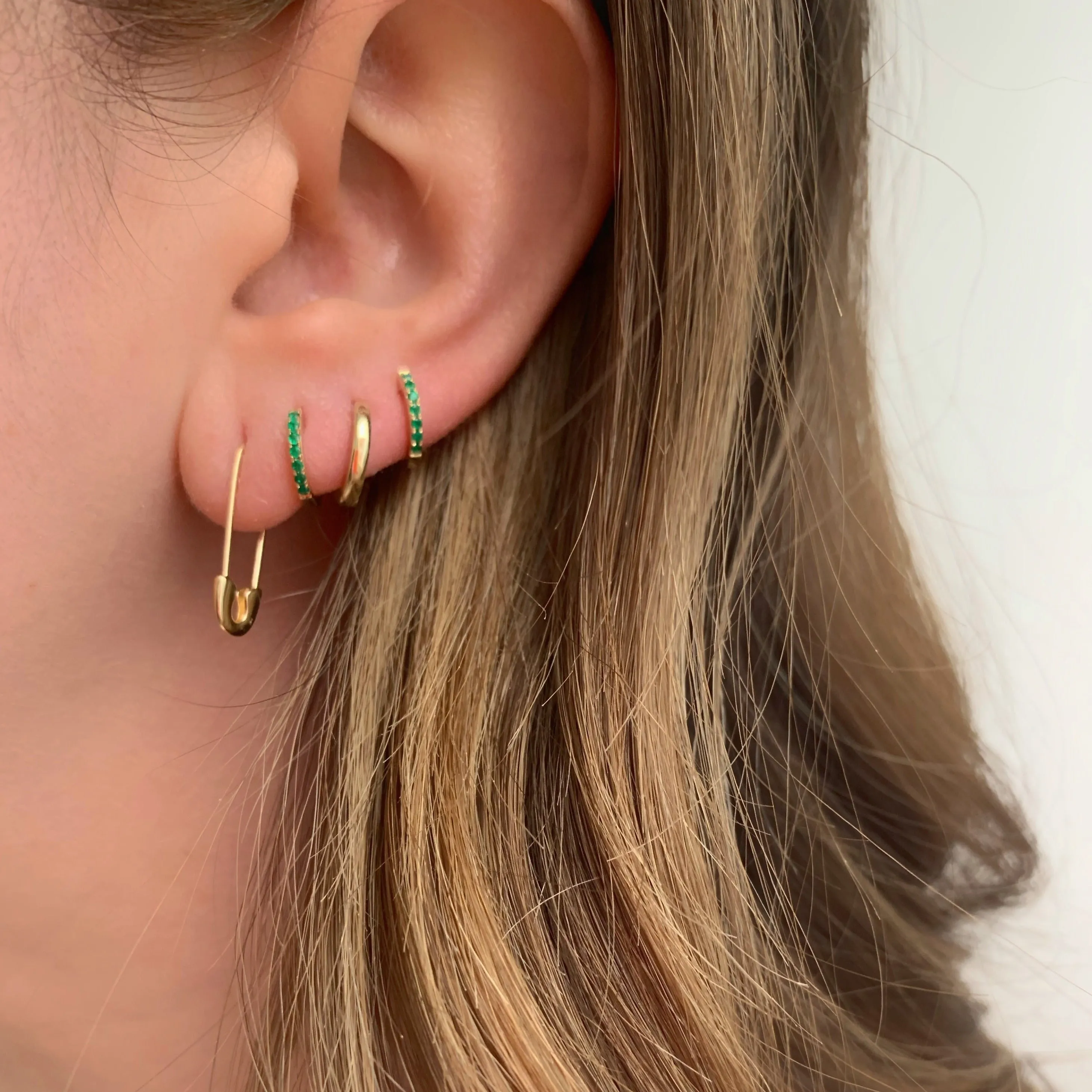 14K Gold Emerald Huggie Earrings