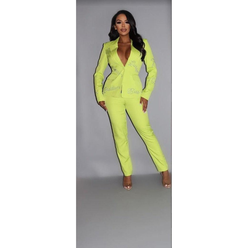 2 Piece Powersuit Blazer & Pants Set With Rhinestone Letterings On Blazer