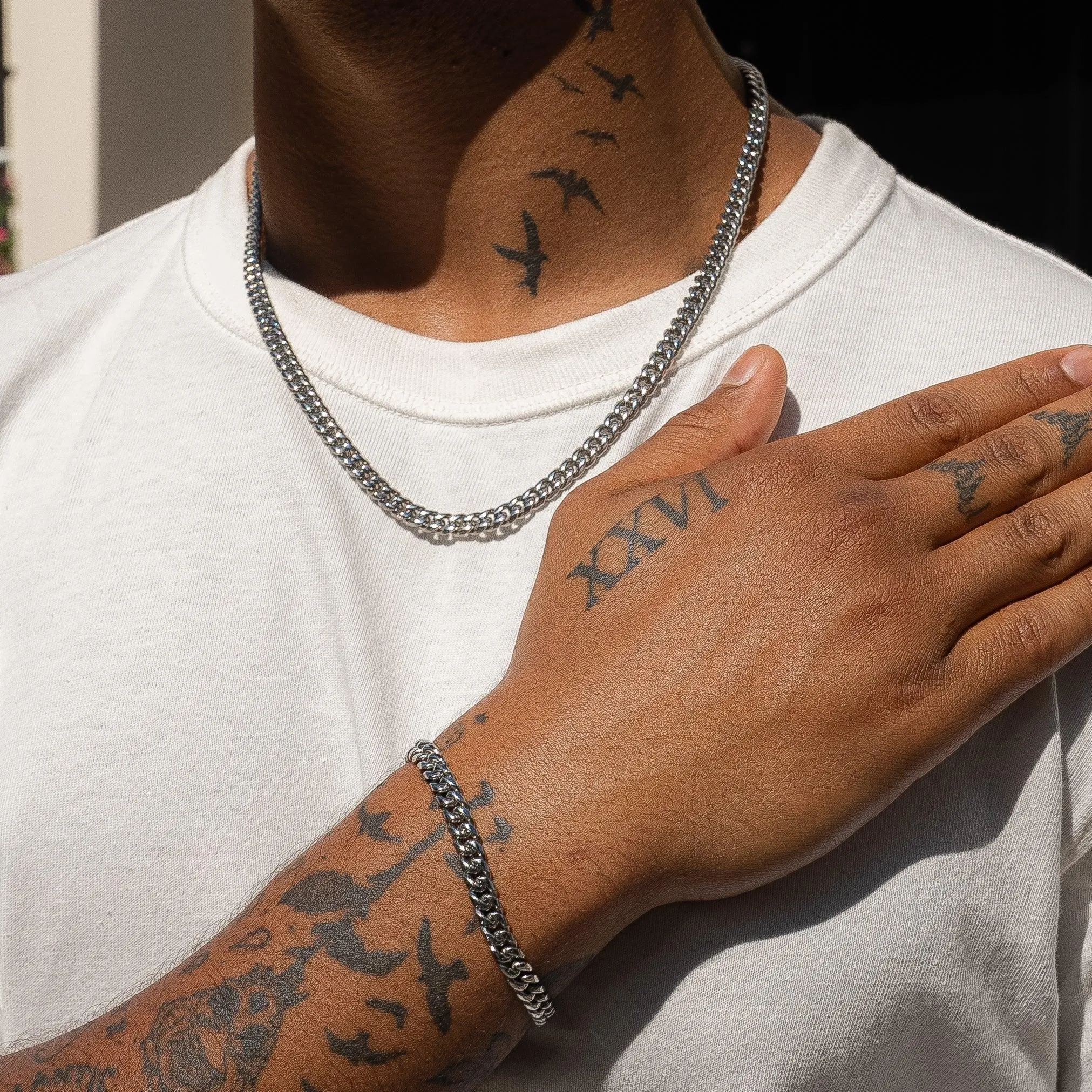 6mm Cuban Chain + Bracelet - White Gold