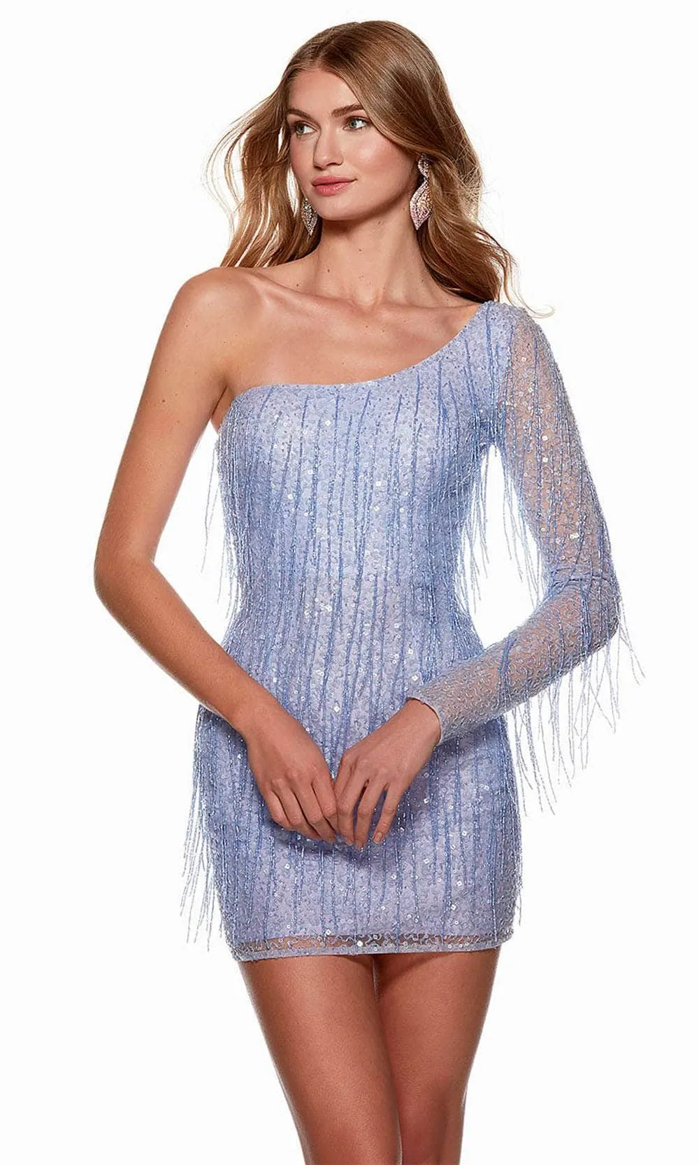 Alyce Paris 4646 - Asymmetric Neck Fringed Party Dress