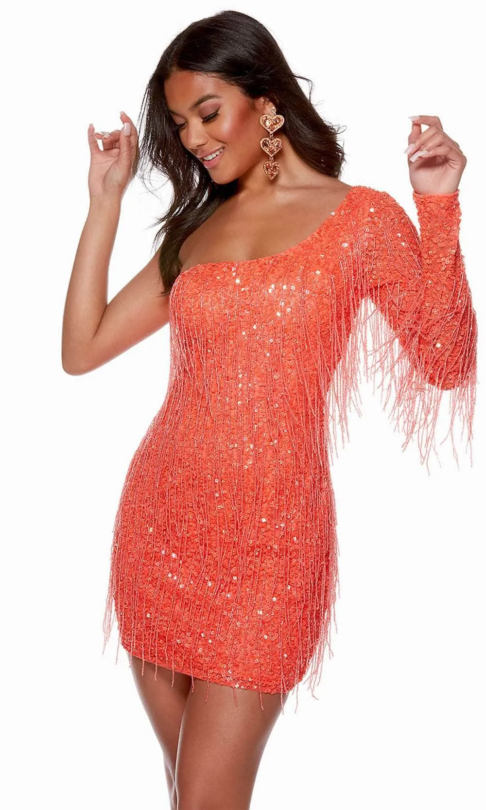 Alyce Paris 4646 - Asymmetric Neck Fringed Party Dress