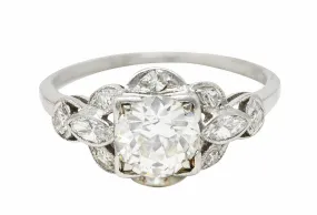 Art Deco 1.35 CTW Old European Diamond Platinum Cluster Engagement Ring