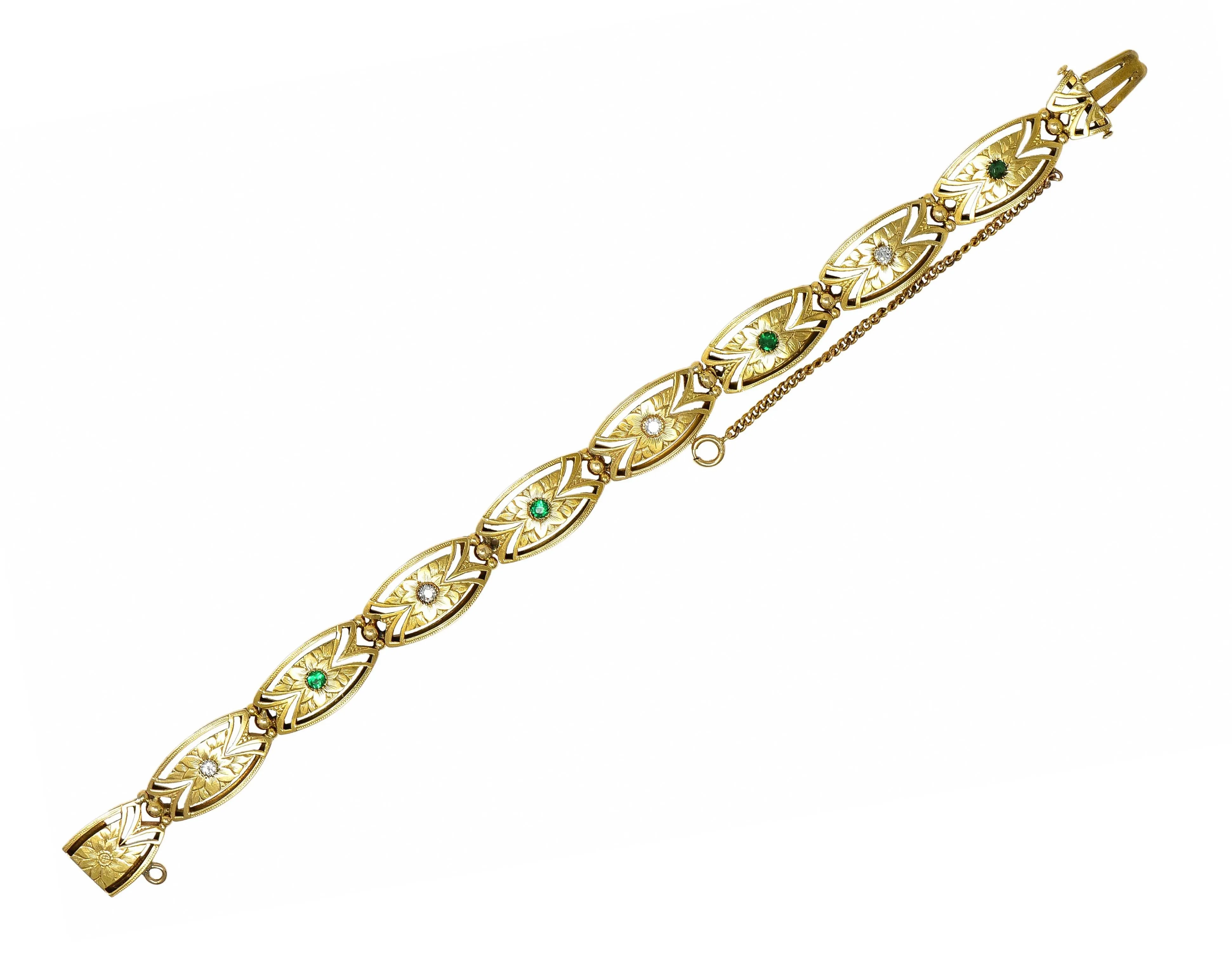 Art Nouveau 0.68 CTW Diamond Emerald 14 Karat Yellow Gold Floral Navette Link Antique Bracelet