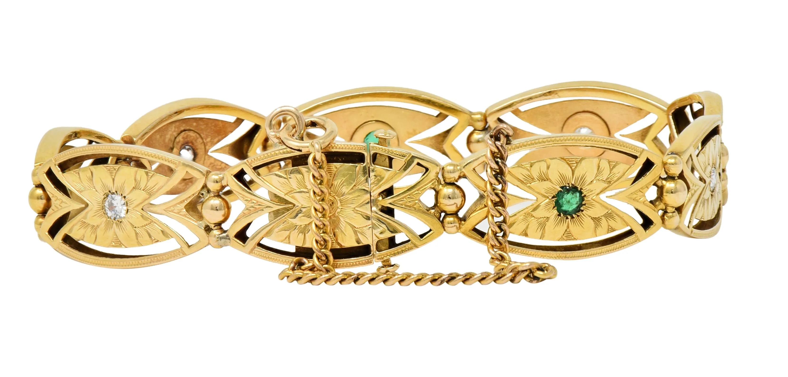 Art Nouveau 0.68 CTW Diamond Emerald 14 Karat Yellow Gold Floral Navette Link Antique Bracelet