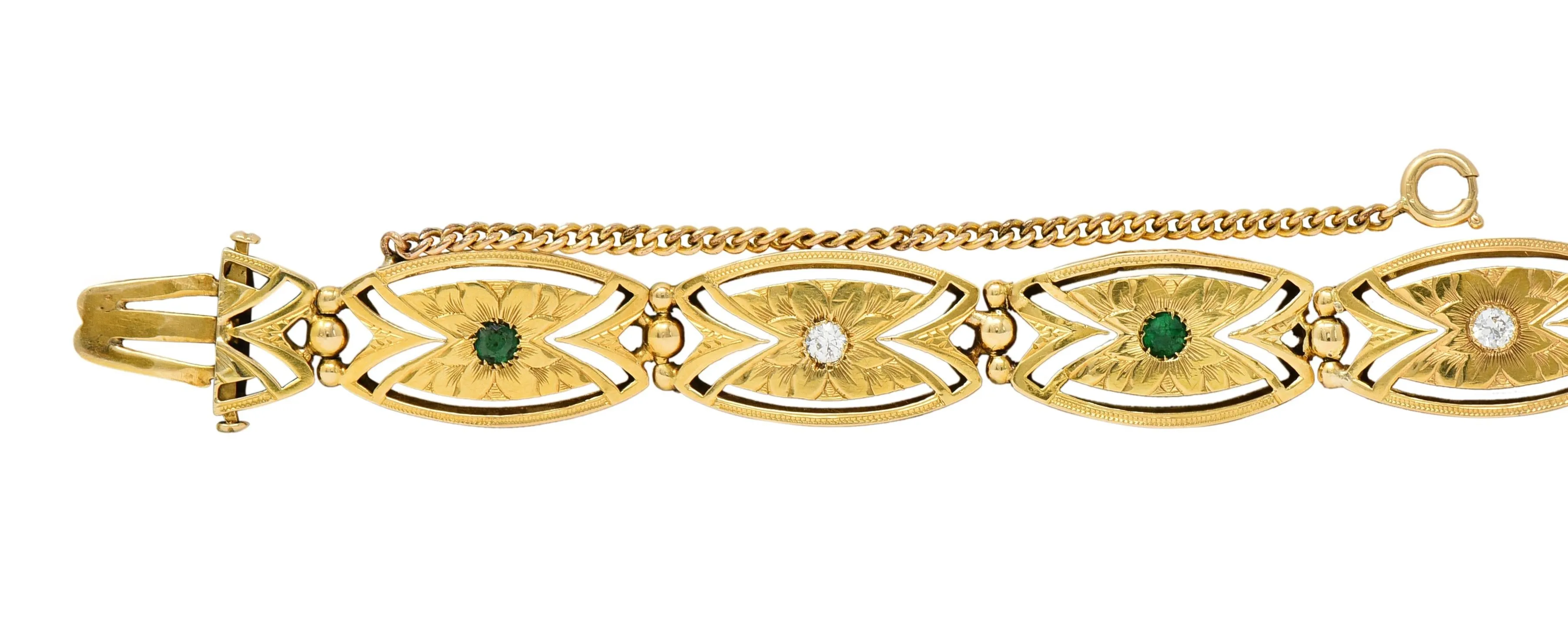 Art Nouveau 0.68 CTW Diamond Emerald 14 Karat Yellow Gold Floral Navette Link Antique Bracelet