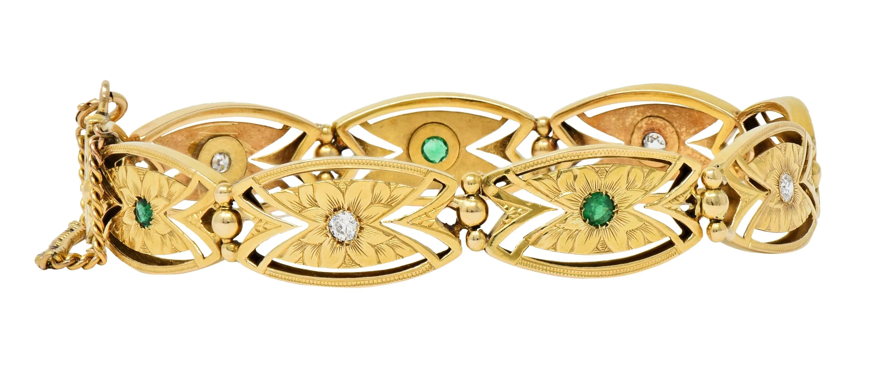 Art Nouveau 0.68 CTW Diamond Emerald 14 Karat Yellow Gold Floral Navette Link Antique Bracelet