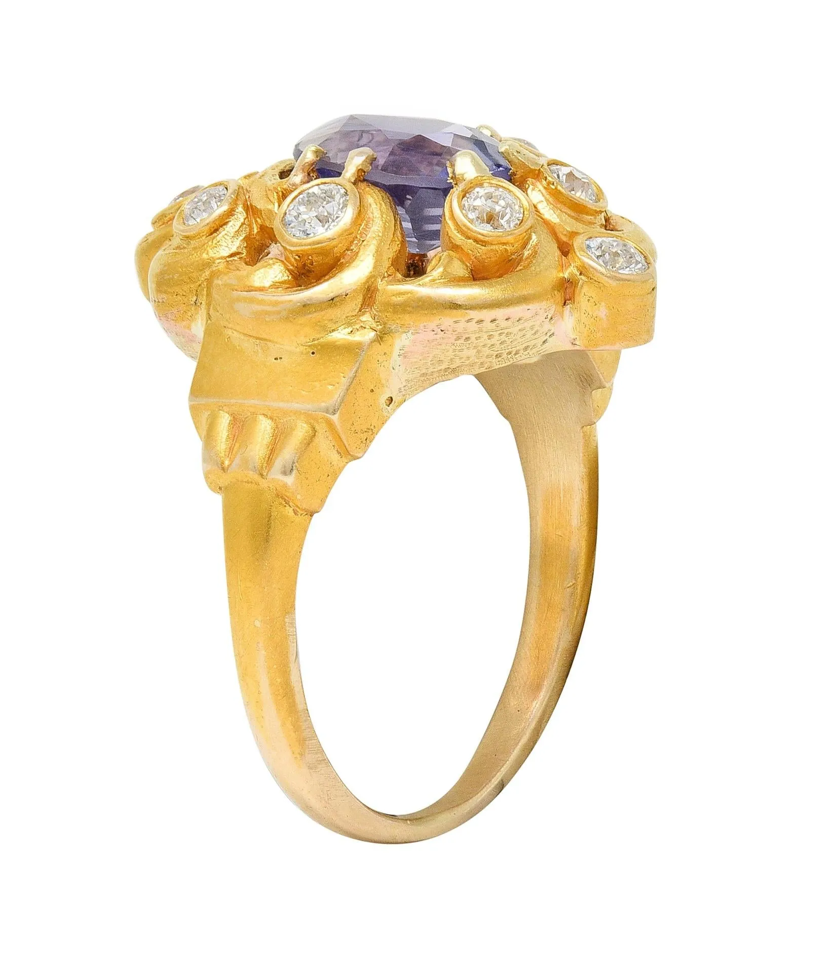 Art Nouveau 2.49 CTW No Heat Ceylon Purple Sapphire Diamond 14 Karat Gold Swirl Cluster Antique Ring