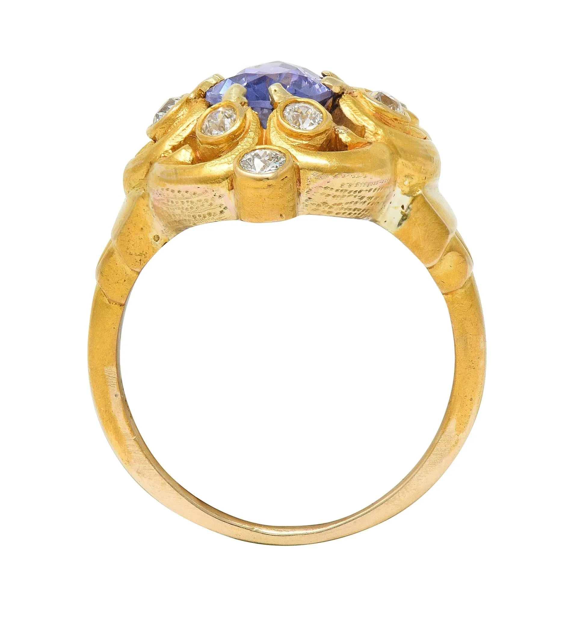 Art Nouveau 2.49 CTW No Heat Ceylon Purple Sapphire Diamond 14 Karat Gold Swirl Cluster Antique Ring