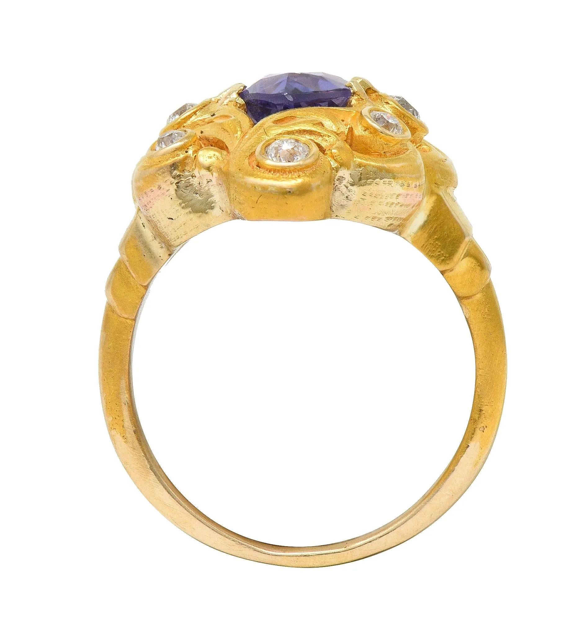 Art Nouveau 2.49 CTW No Heat Ceylon Purple Sapphire Diamond 14 Karat Gold Swirl Cluster Antique Ring