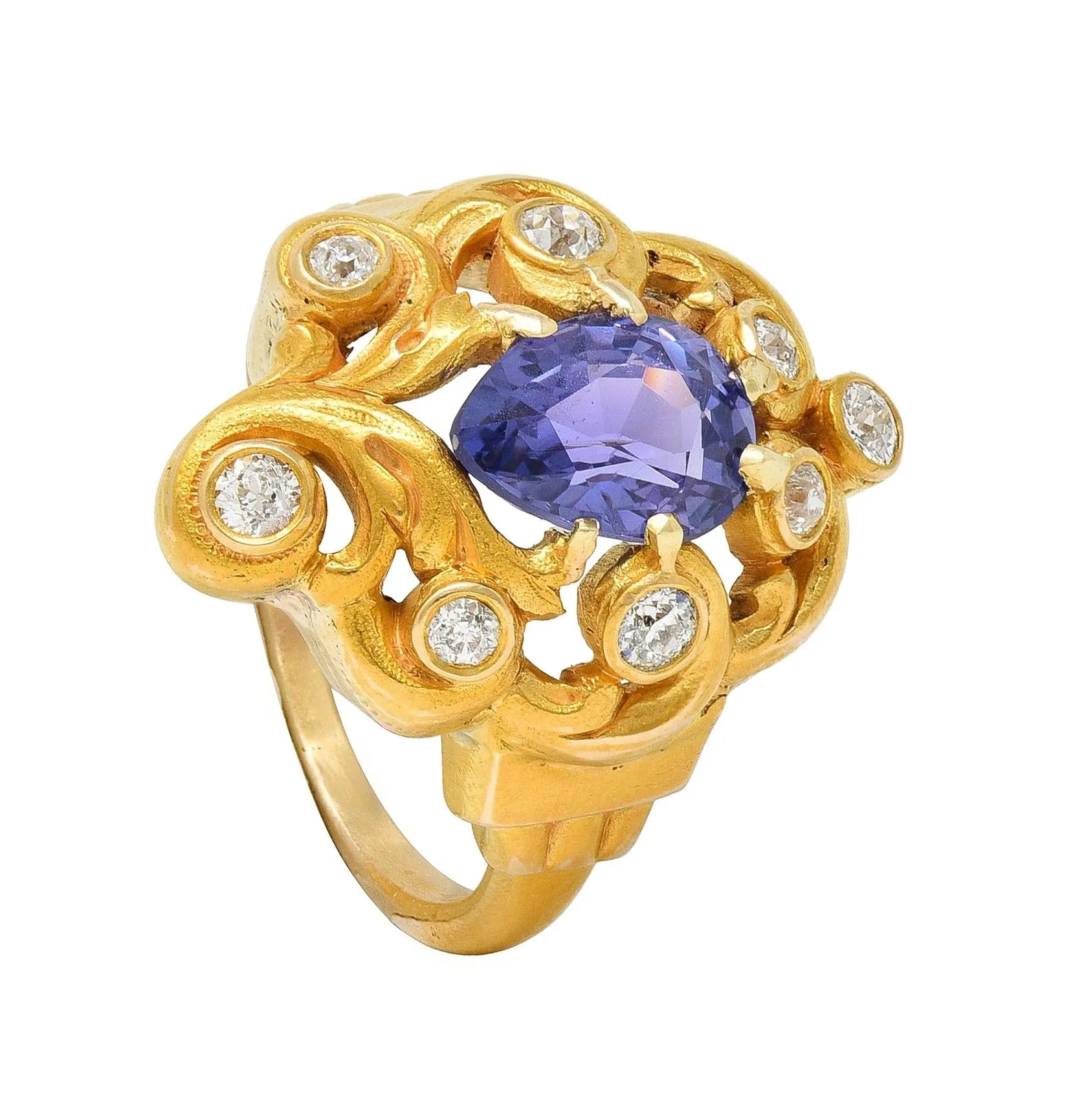 Art Nouveau 2.49 CTW No Heat Ceylon Purple Sapphire Diamond 14 Karat Gold Swirl Cluster Antique Ring