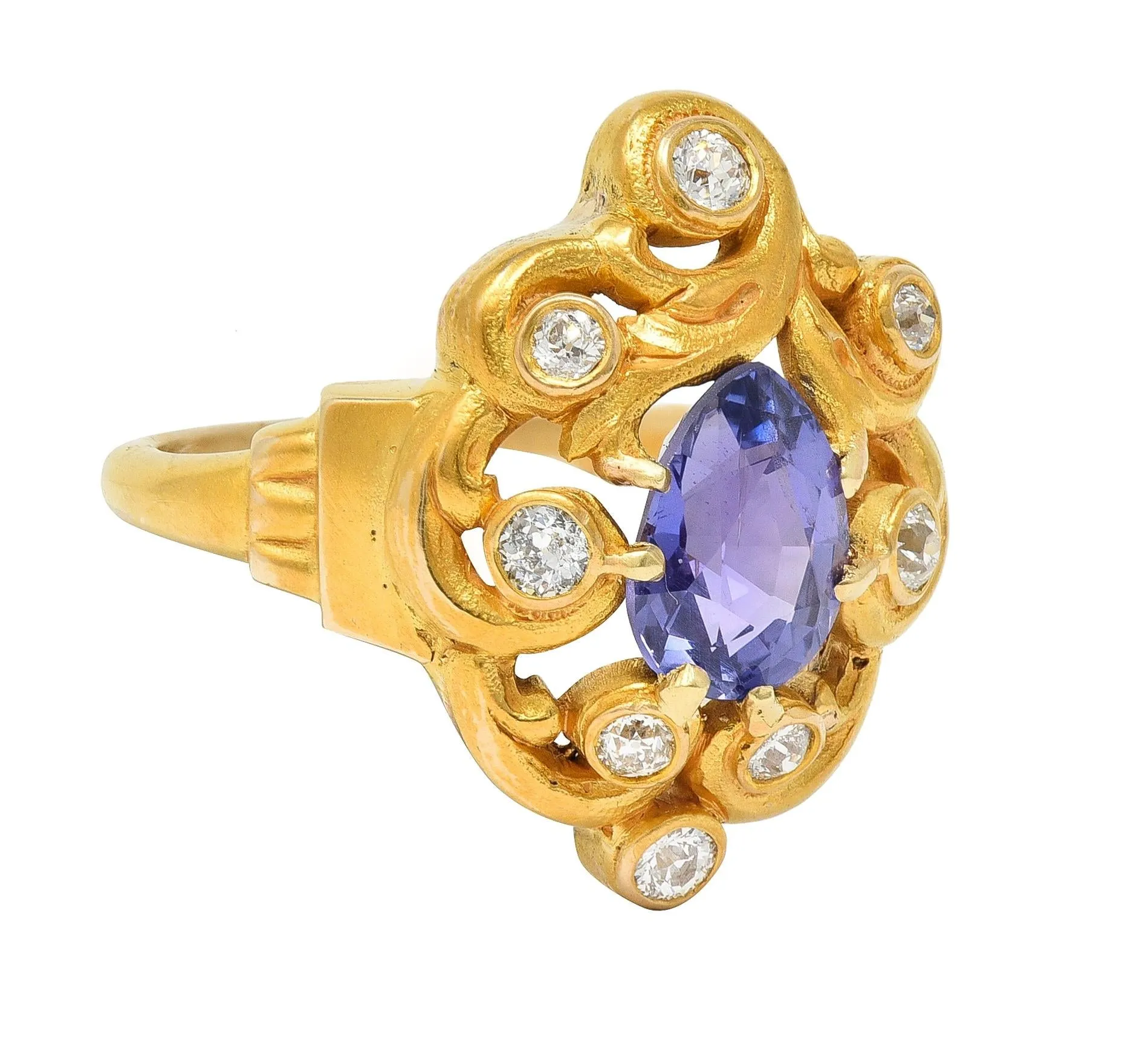 Art Nouveau 2.49 CTW No Heat Ceylon Purple Sapphire Diamond 14 Karat Gold Swirl Cluster Antique Ring