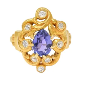 Art Nouveau 2.49 CTW No Heat Ceylon Purple Sapphire Diamond 14 Karat Gold Swirl Cluster Antique Ring