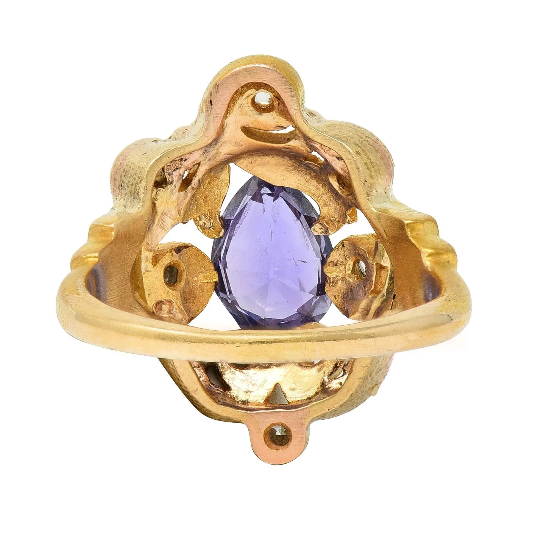 Art Nouveau 2.49 CTW No Heat Ceylon Purple Sapphire Diamond 14 Karat Gold Swirl Cluster Antique Ring