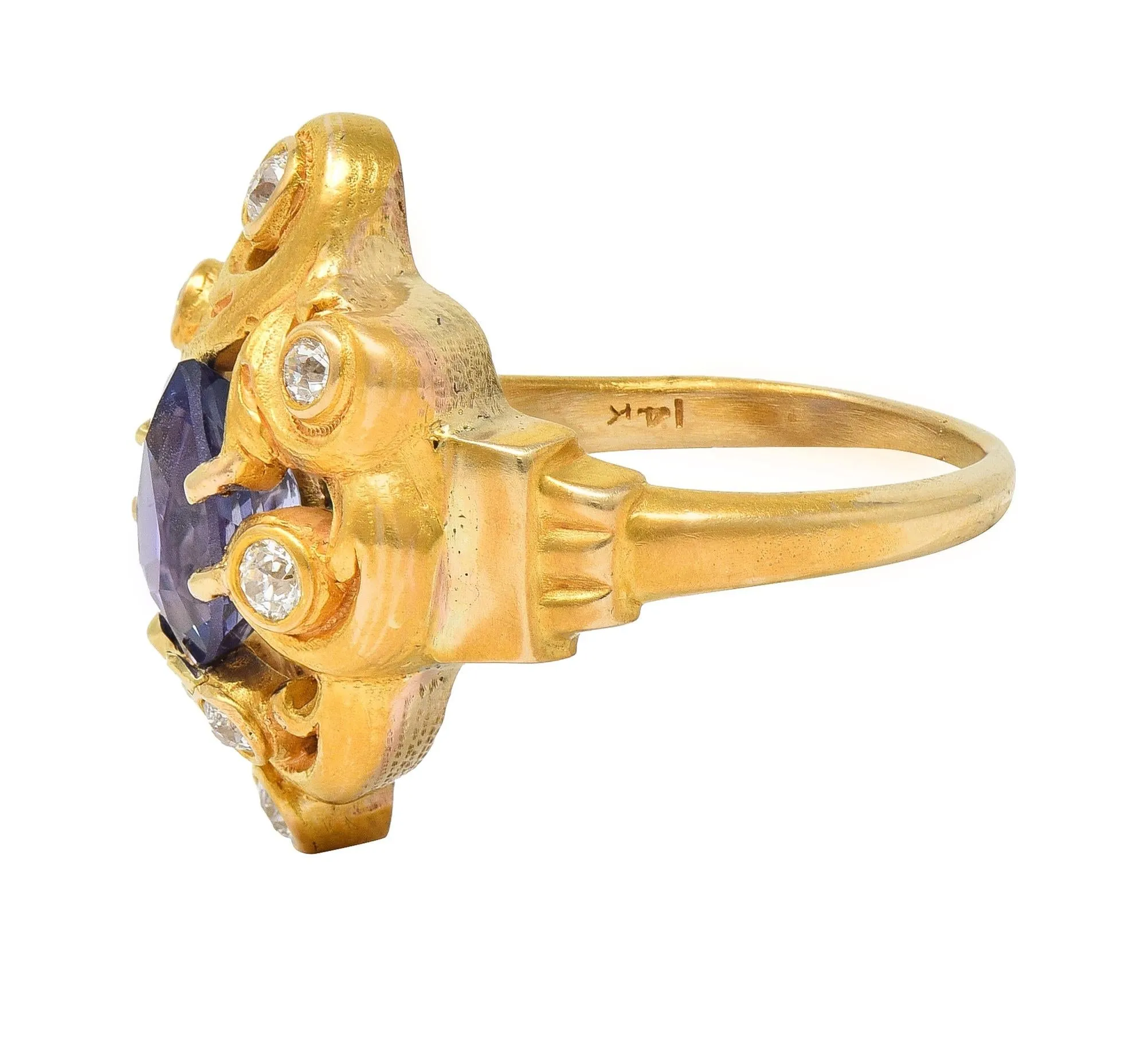 Art Nouveau 2.49 CTW No Heat Ceylon Purple Sapphire Diamond 14 Karat Gold Swirl Cluster Antique Ring