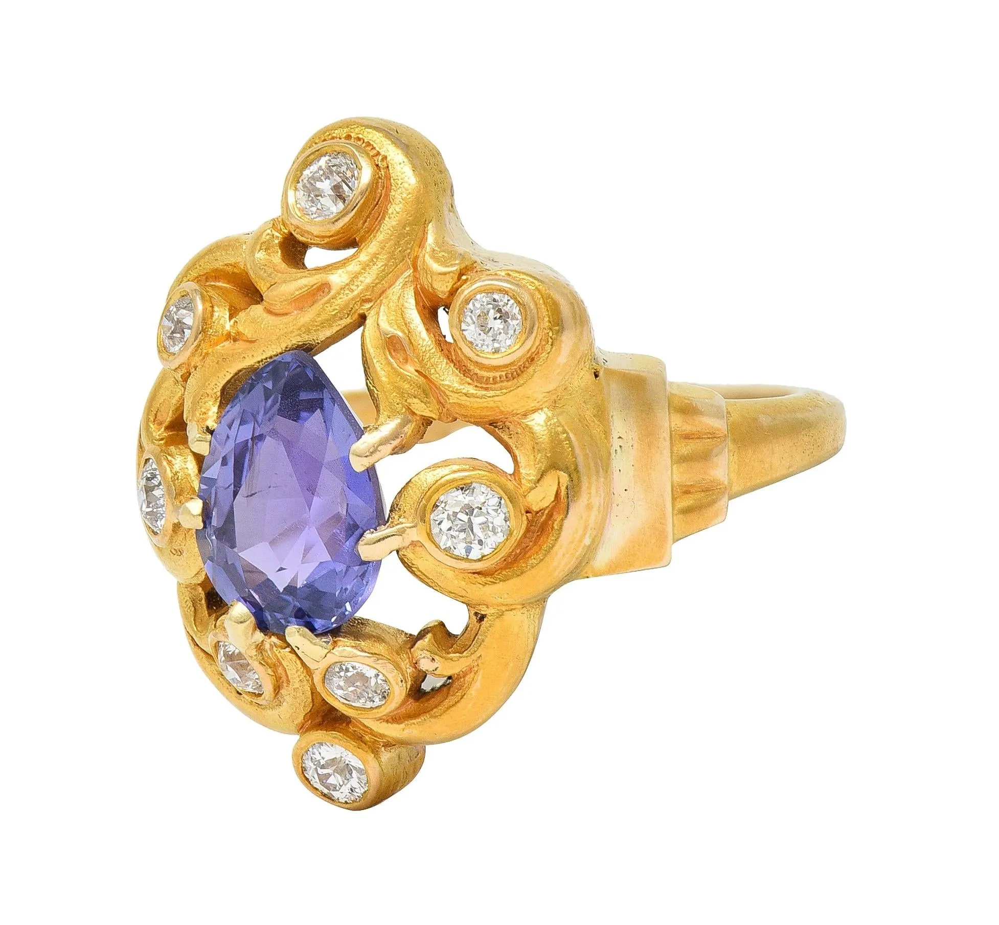 Art Nouveau 2.49 CTW No Heat Ceylon Purple Sapphire Diamond 14 Karat Gold Swirl Cluster Antique Ring