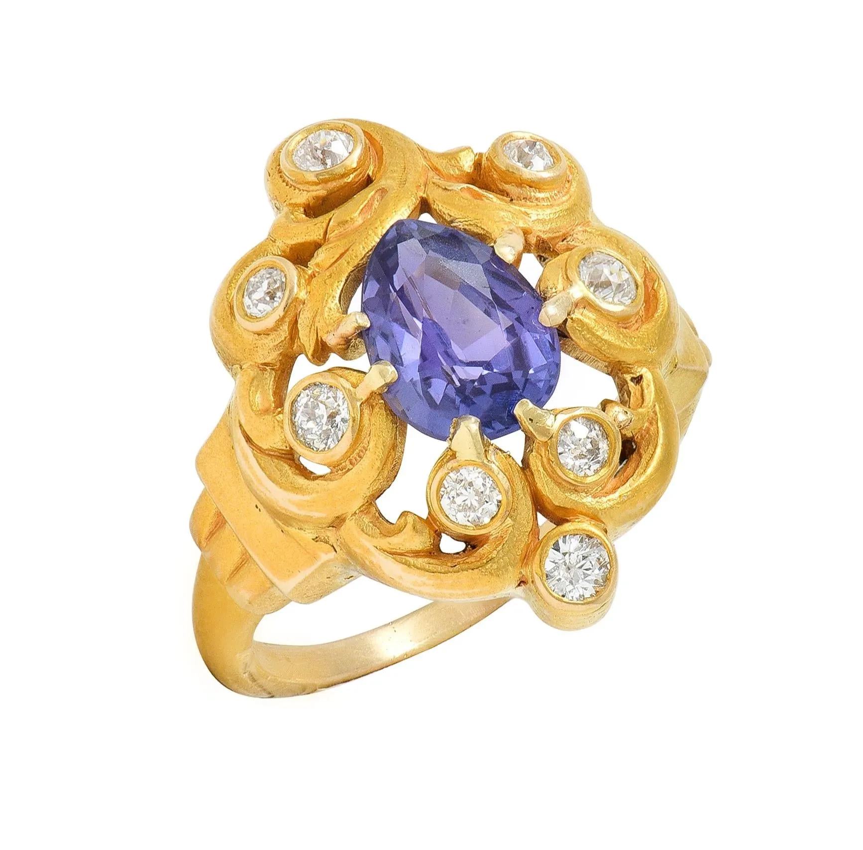 Art Nouveau 2.49 CTW No Heat Ceylon Purple Sapphire Diamond 14 Karat Gold Swirl Cluster Antique Ring