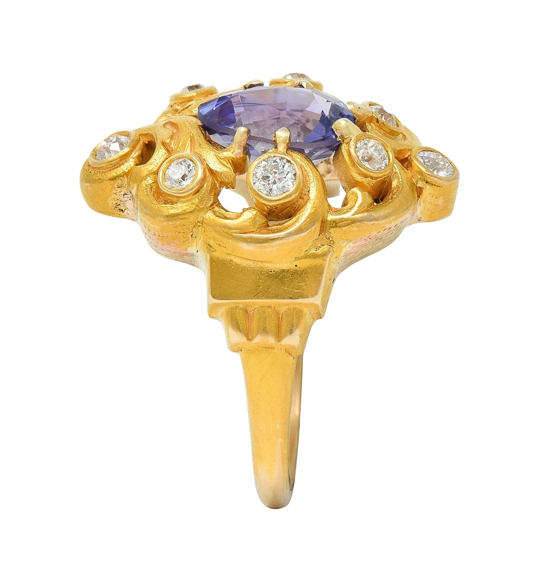 Art Nouveau 2.49 CTW No Heat Ceylon Purple Sapphire Diamond 14 Karat Gold Swirl Cluster Antique Ring