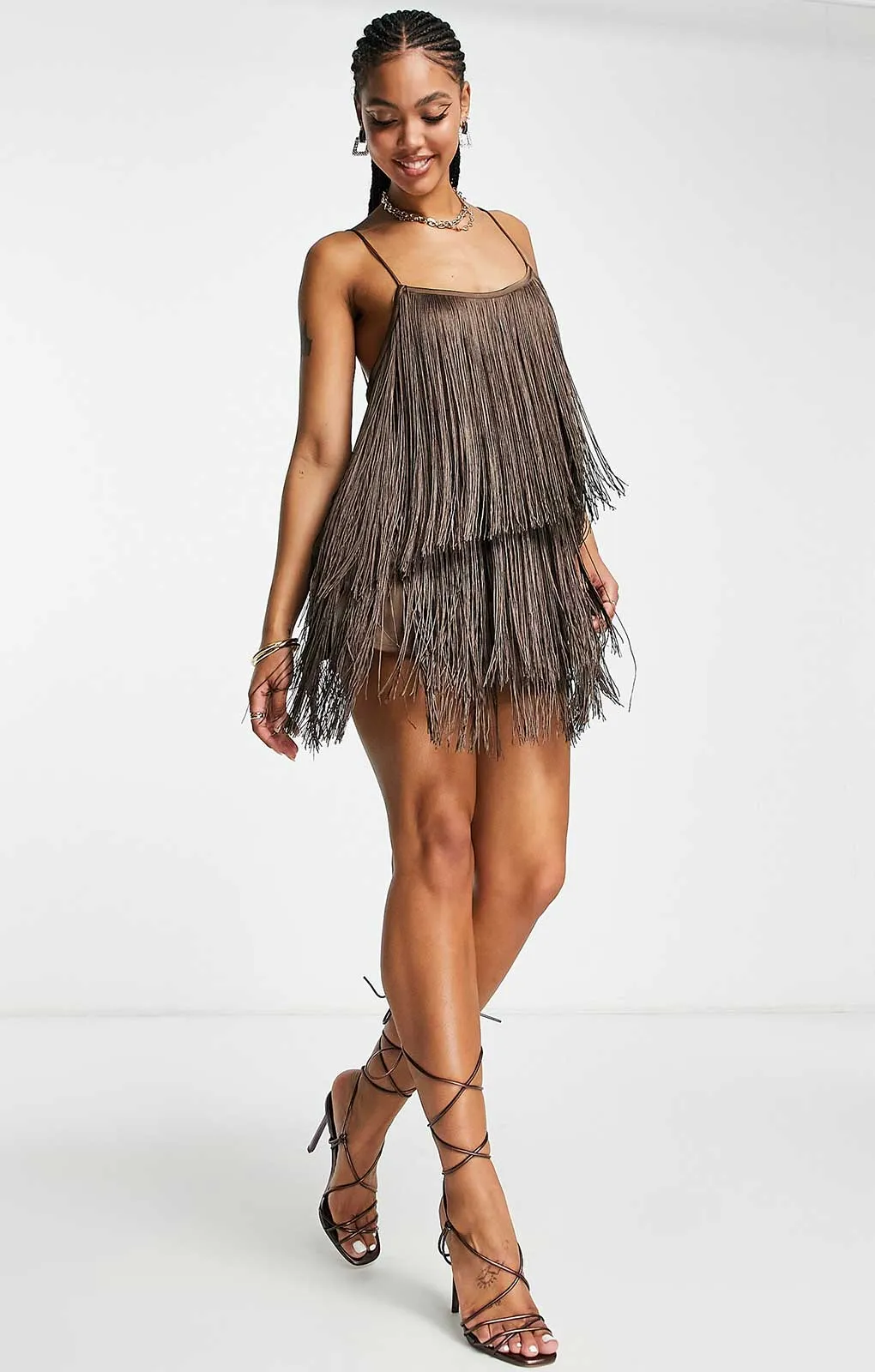 Asos Design Fringed Mini Dress In Chocolate