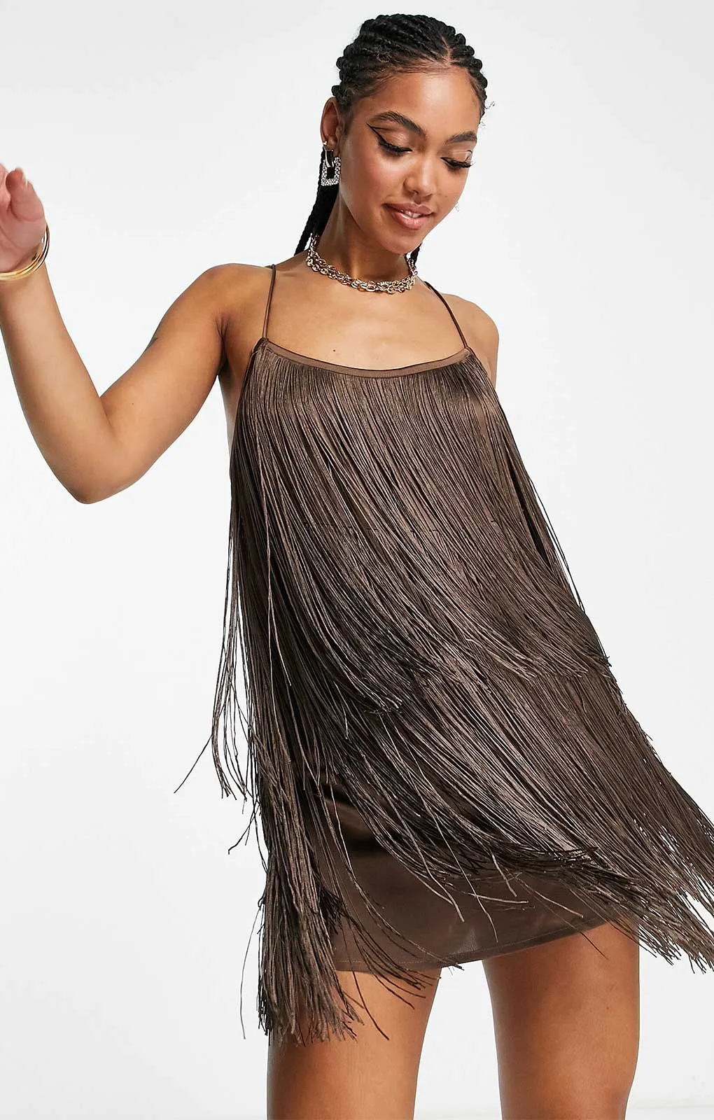 Asos Design Fringed Mini Dress In Chocolate