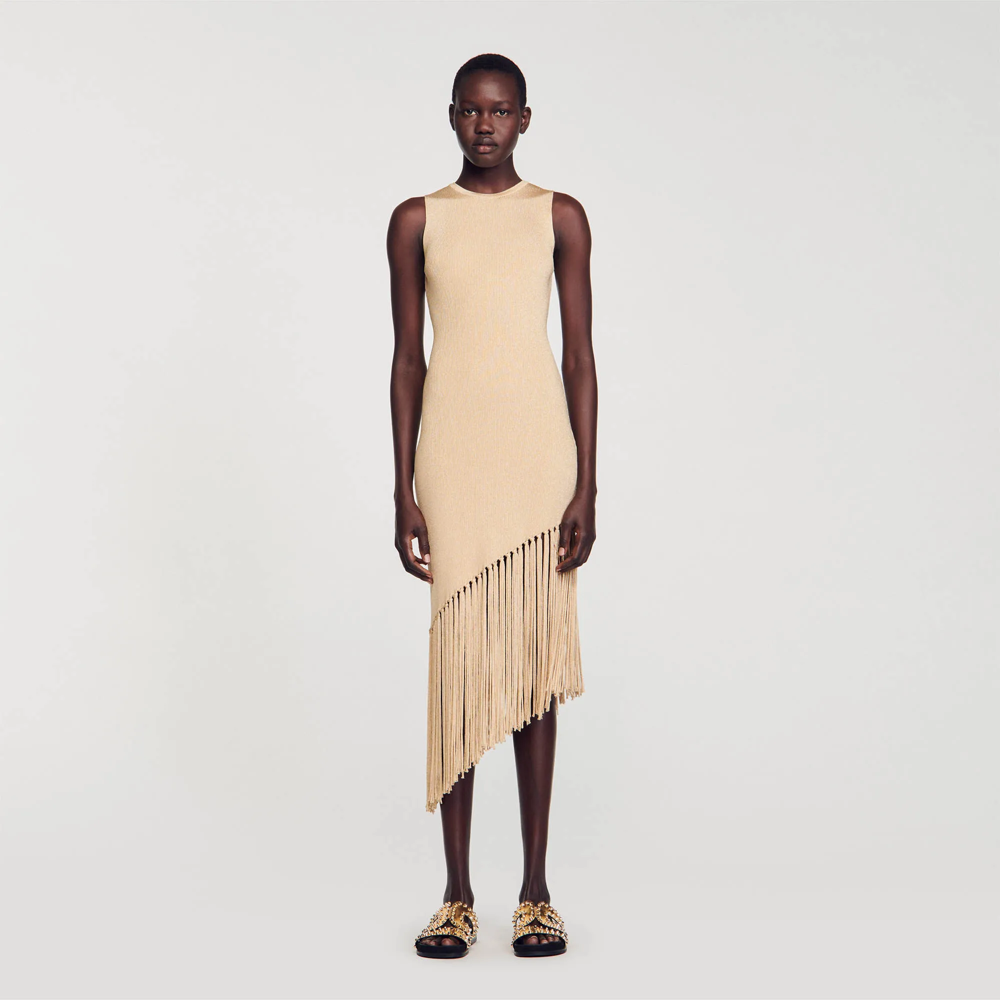 Asymmetrical fringed maxi dress