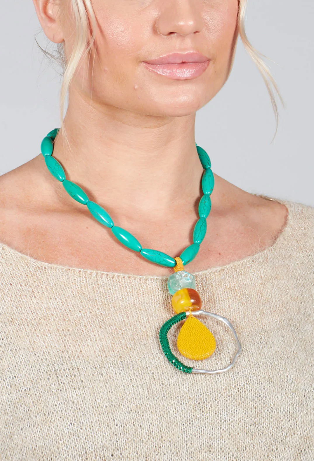 Beaded Necklace in Aqua and Mustard