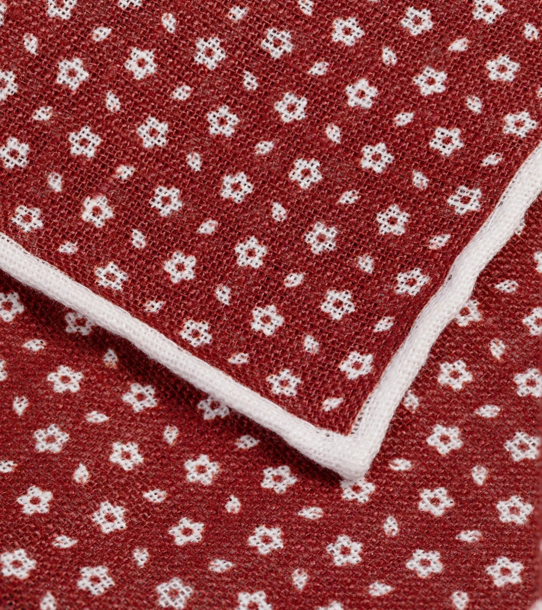 Bigi Handprinted Linen Floral Pocket Square: Burgundy