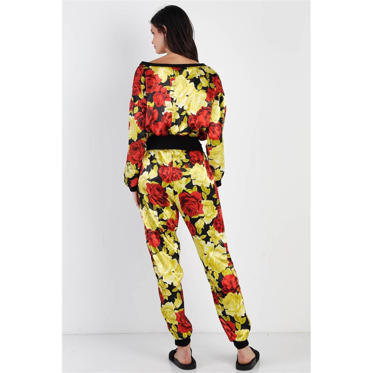 Black & Satin Effect Red & Lime Floral Print V-neck Top & Pants Set