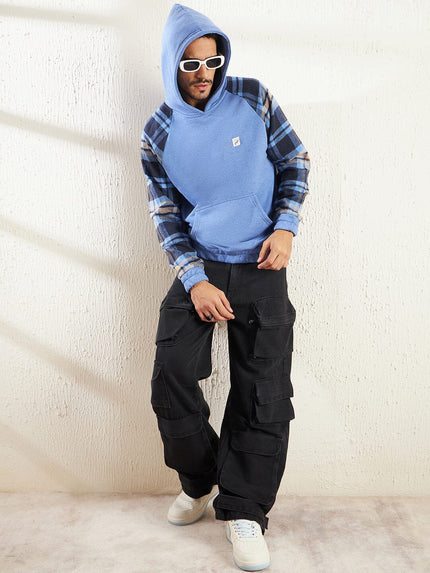 blue melange plaid raglan hoodie