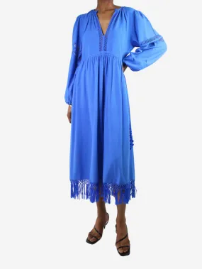   Blue silk puff-sleeved fringed midi dress - size UK 6