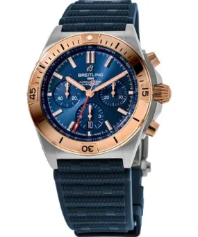 Breitling Chronomat B01 Chronograph Blue Dial 18K Rose Gold Bezel Rubber Strap Men's Watch UB0134101C1S1