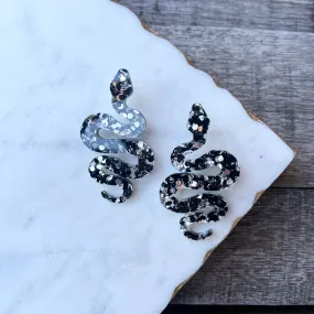 Britney - Black Tie Glitter Acrylic Snake Earrings