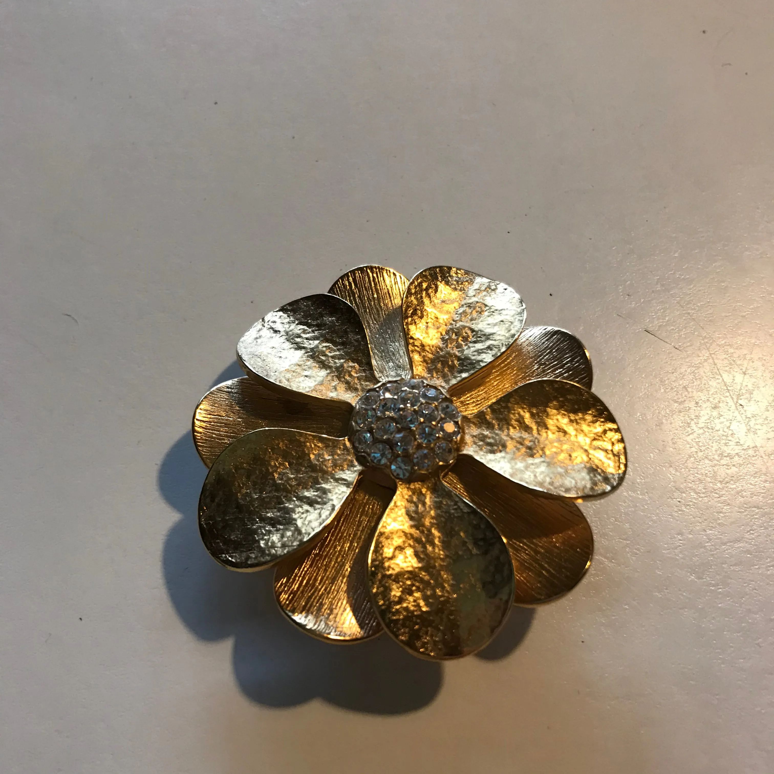 Brushed Gold Tone Metal Flower Brooch  or Pedant w/ Rhinestones circa 1960s