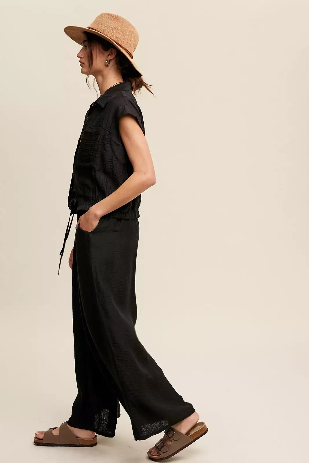 Button Down Top and Pleated Wide Leg Pants Set