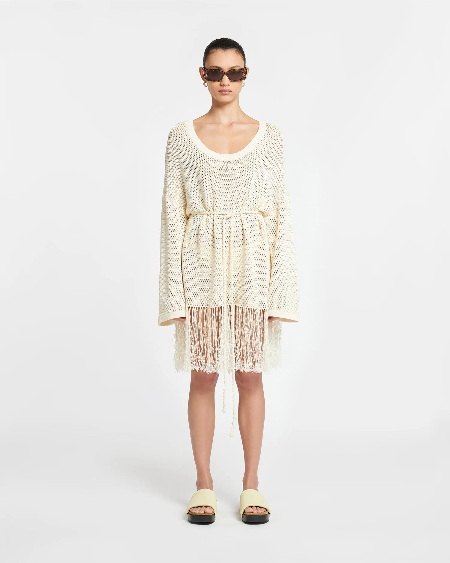 Carianne - Fringed Crochet Mini Dress - Creme