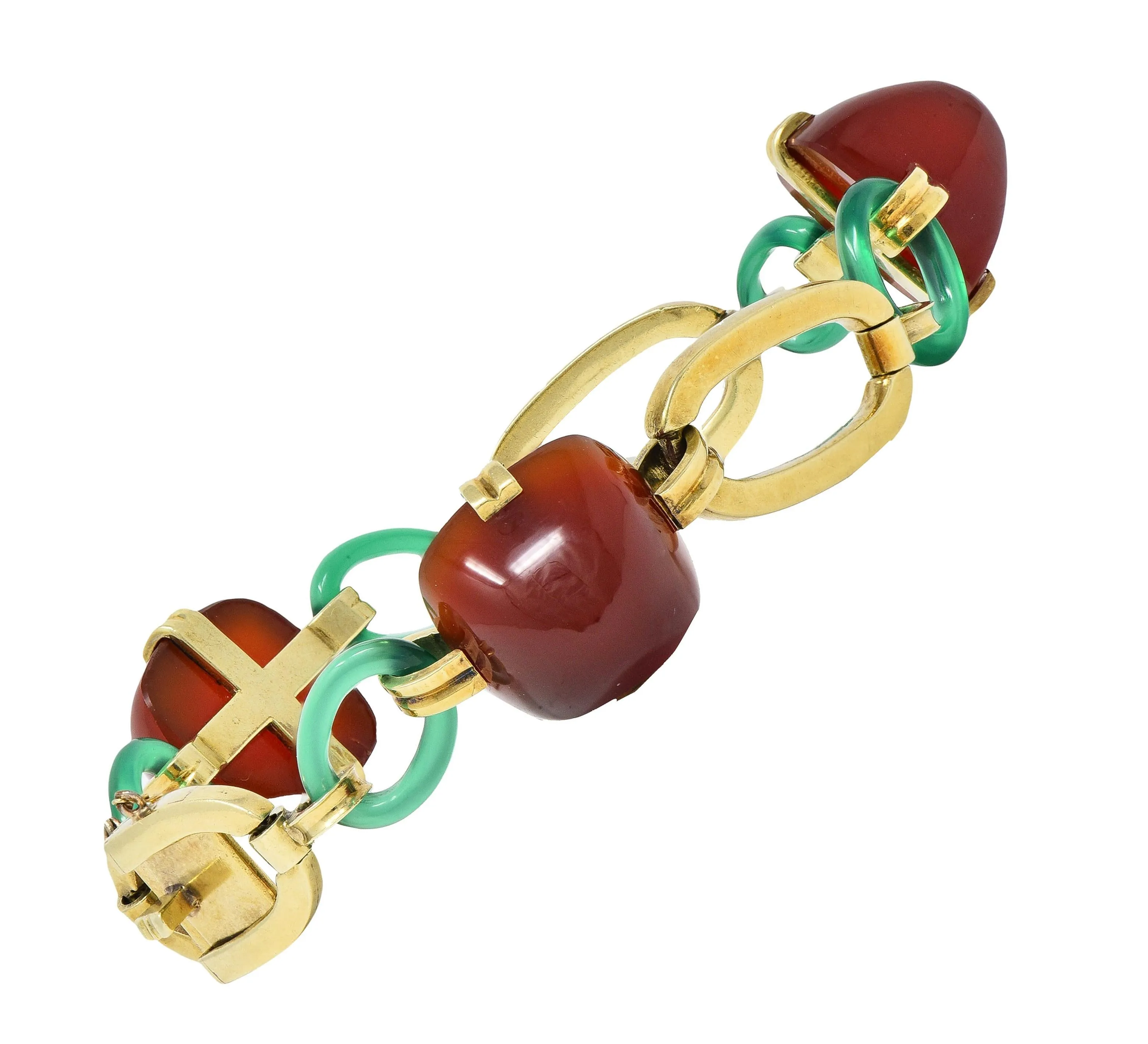 Carrington Co. Art Deco Carnelian Chrysoprase 14 Karat Gold Antique Link Bracelet