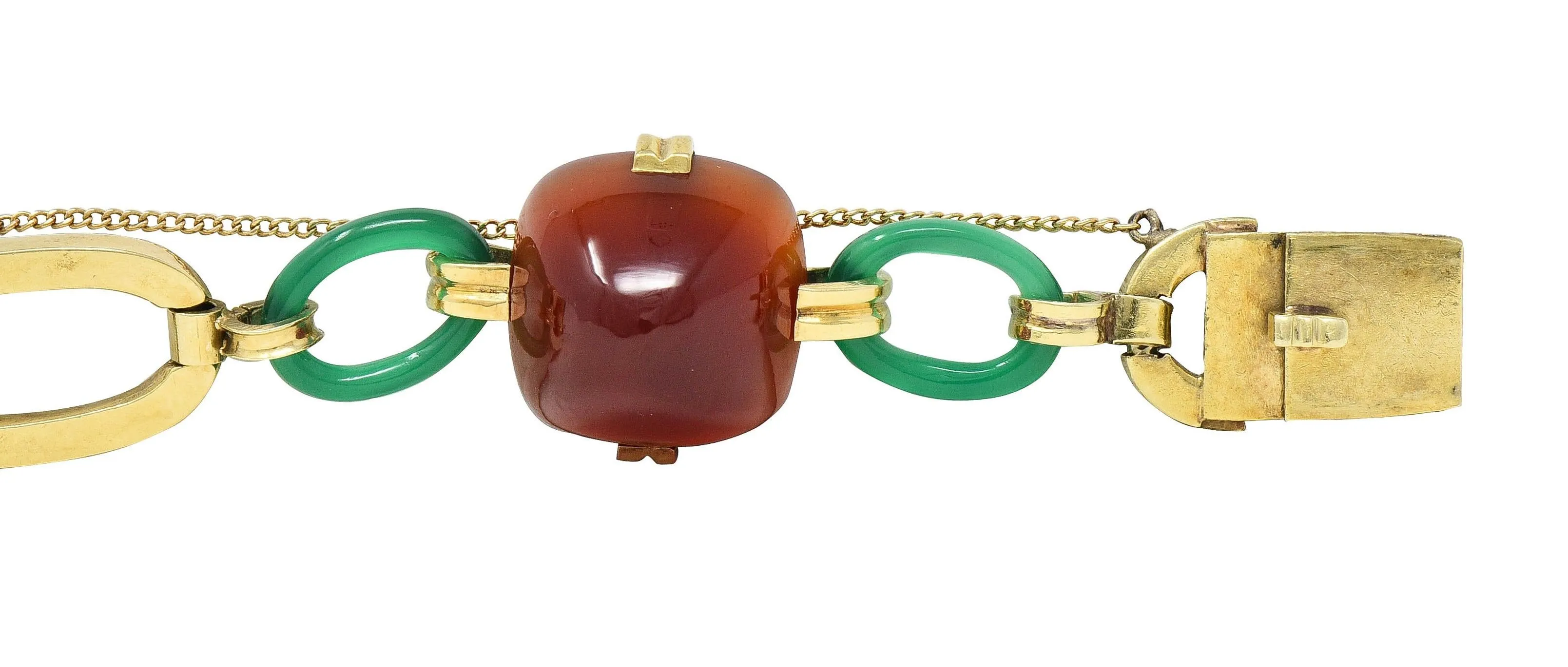 Carrington Co. Art Deco Carnelian Chrysoprase 14 Karat Gold Antique Link Bracelet