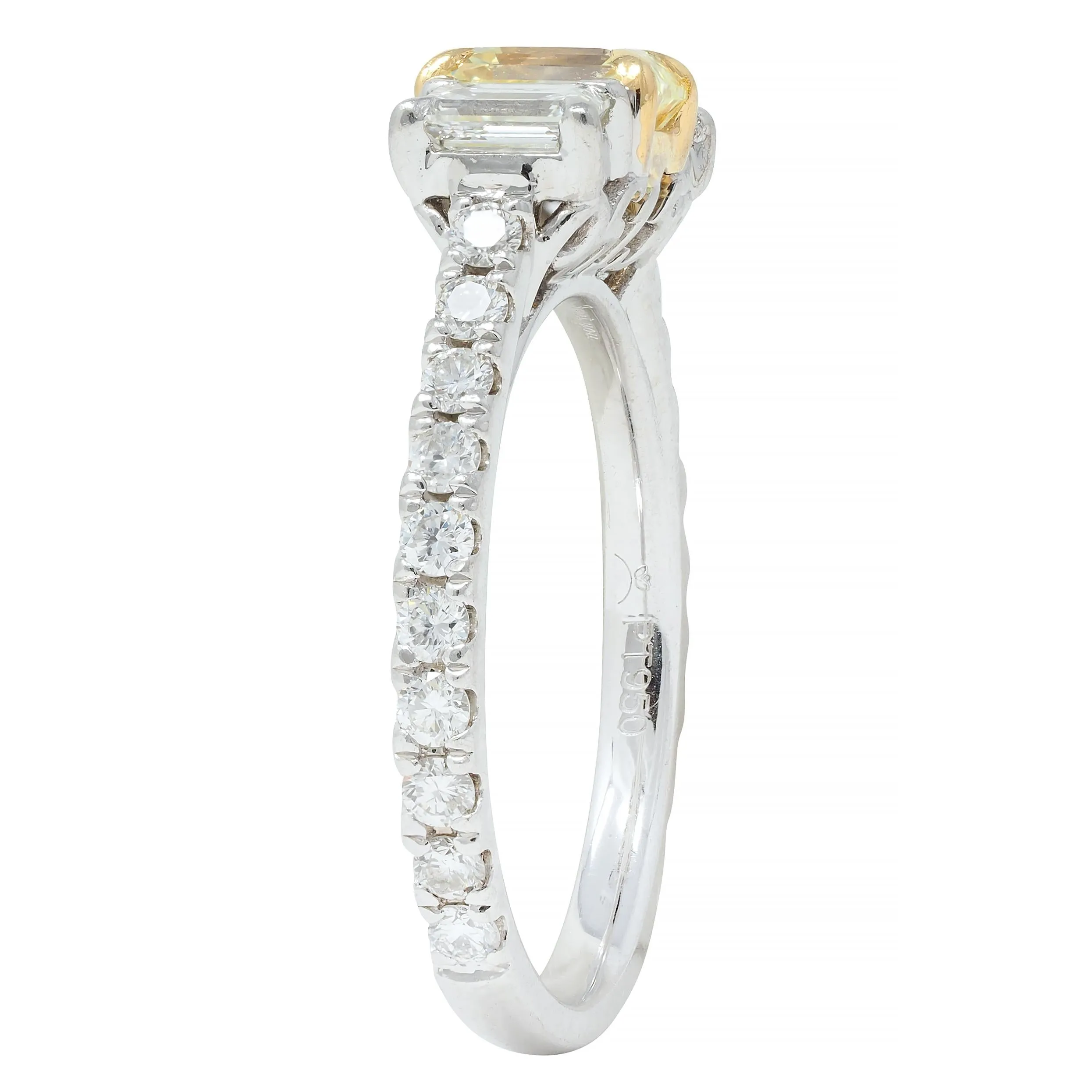 Contemporary 1.61 CTW Fancy Yellow Emerald Cut Diamond Platinum 18 Karat Numerical Engagement Ring