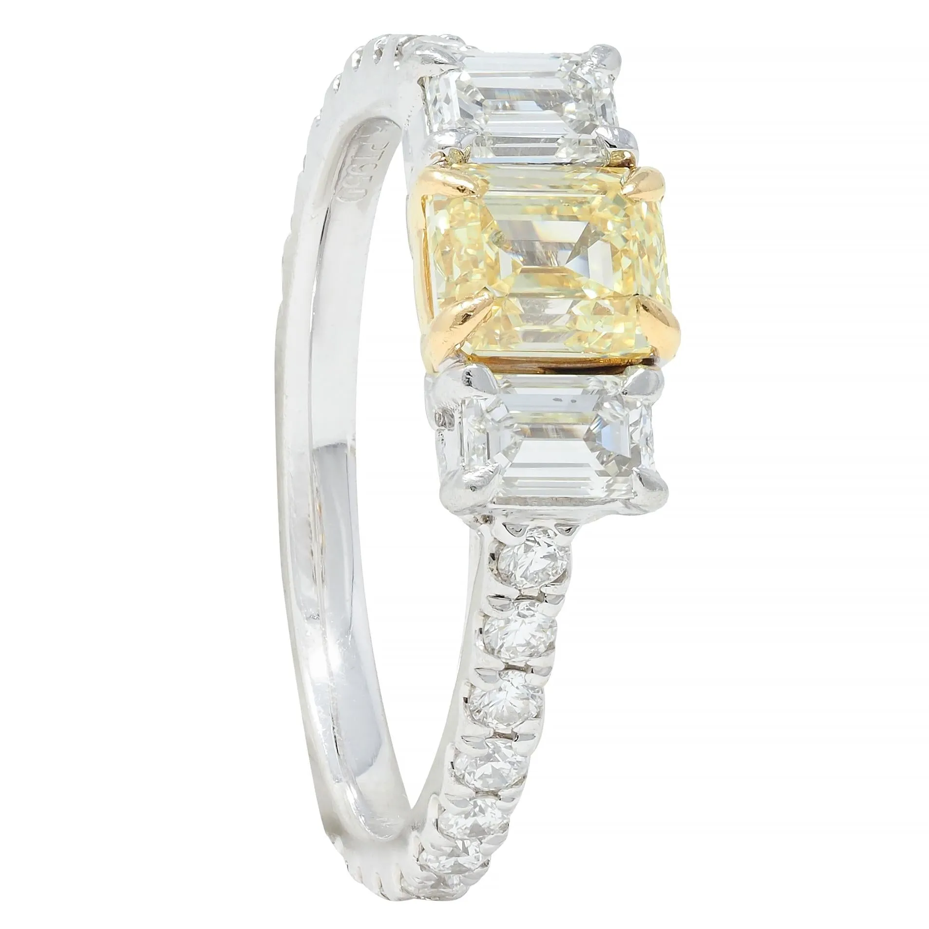 Contemporary 1.61 CTW Fancy Yellow Emerald Cut Diamond Platinum 18 Karat Numerical Engagement Ring