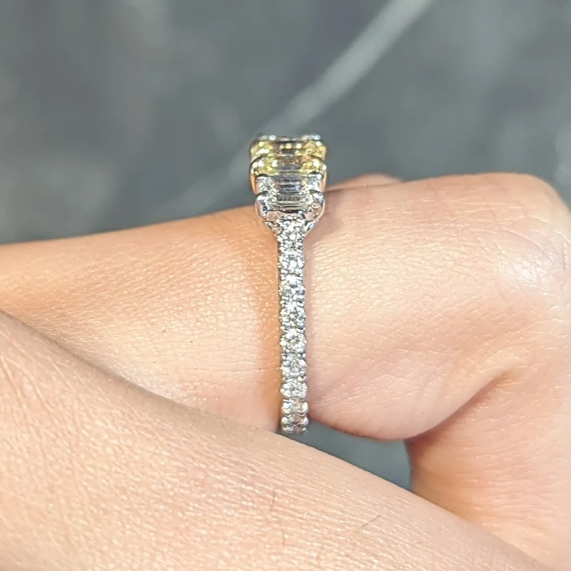 Contemporary 1.61 CTW Fancy Yellow Emerald Cut Diamond Platinum 18 Karat Numerical Engagement Ring