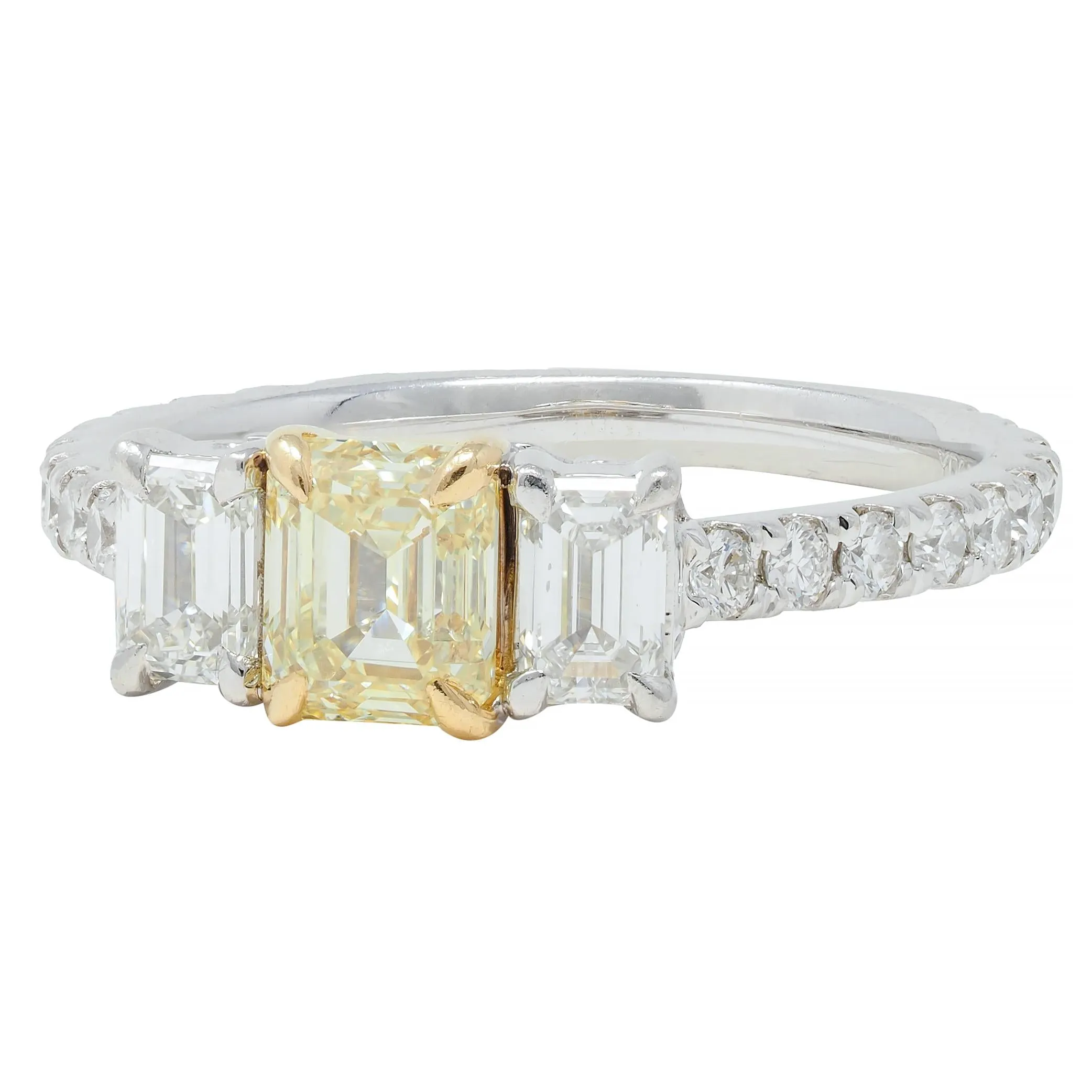 Contemporary 1.61 CTW Fancy Yellow Emerald Cut Diamond Platinum 18 Karat Numerical Engagement Ring