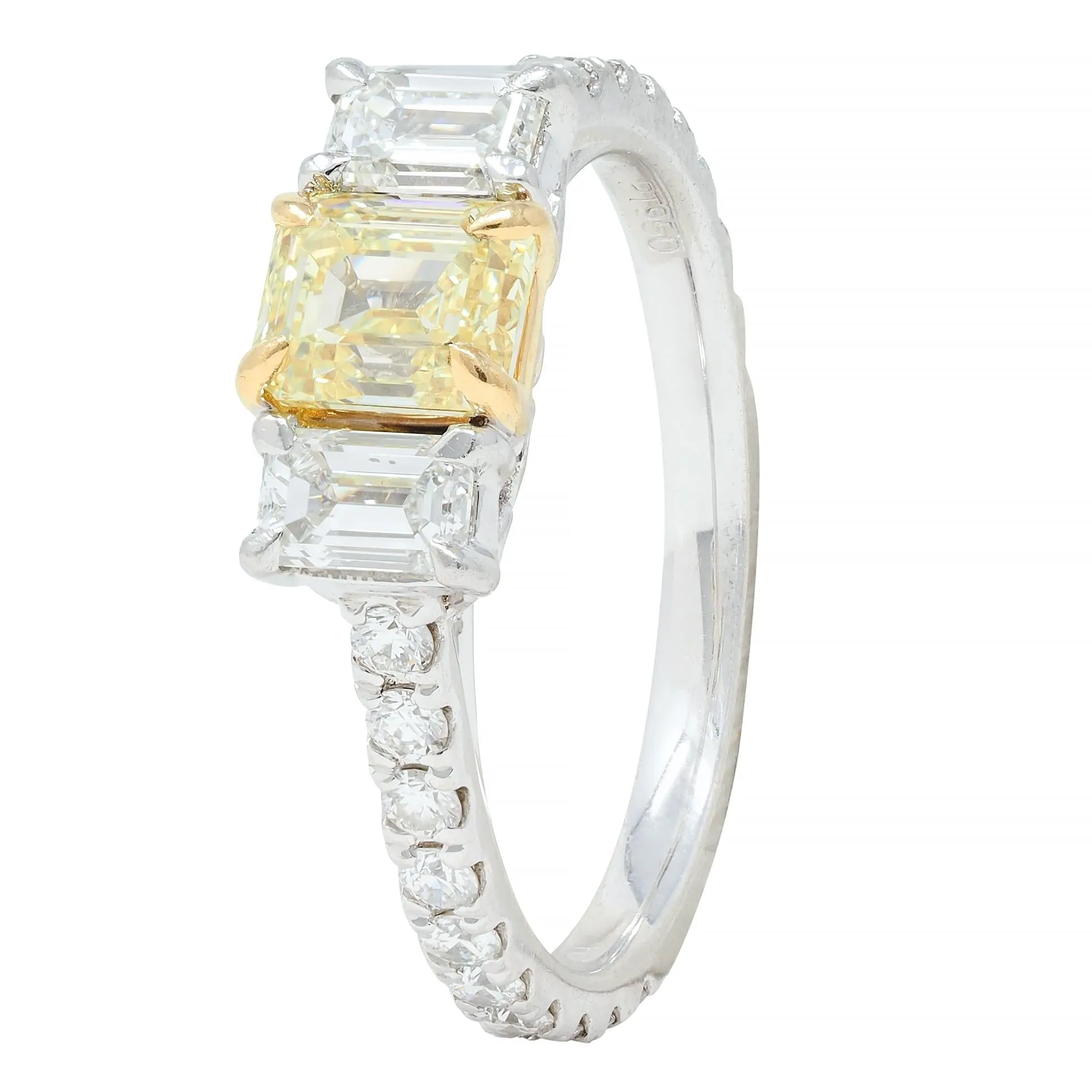 Contemporary 1.61 CTW Fancy Yellow Emerald Cut Diamond Platinum 18 Karat Numerical Engagement Ring